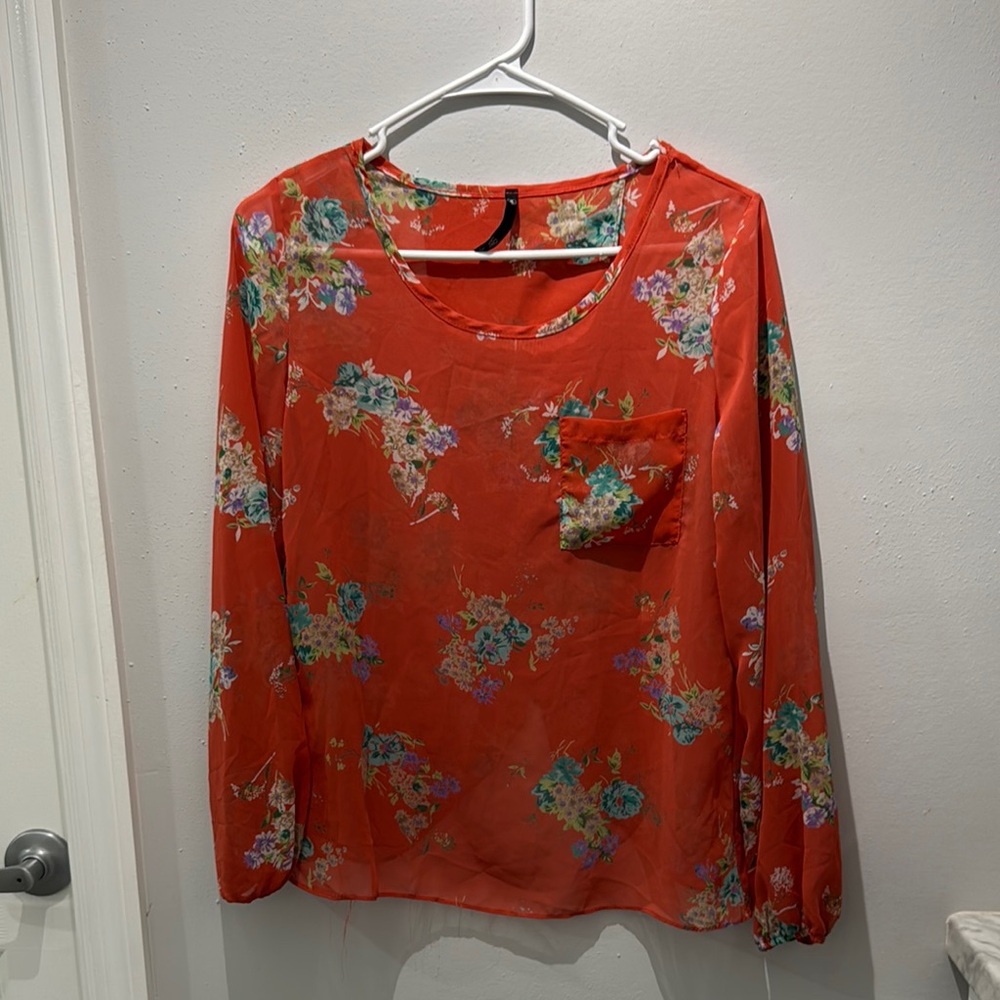 Love Culture Orange Long Sleeve Blouse with Floral Pattern